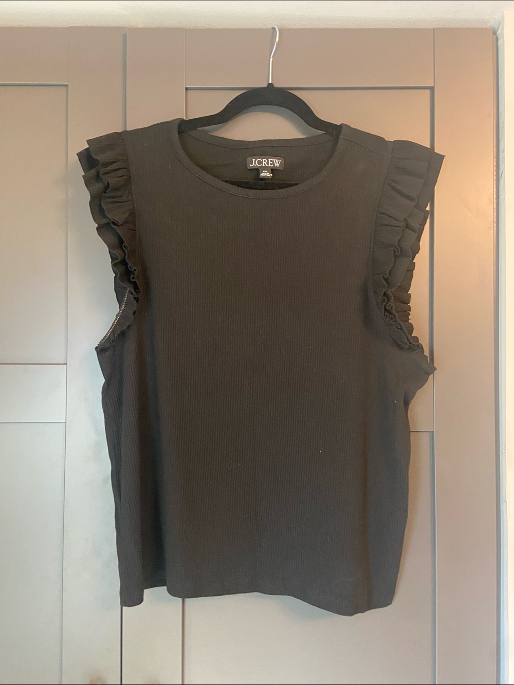 J. Crew Black Ruffled Sleeve Ribbed Tank